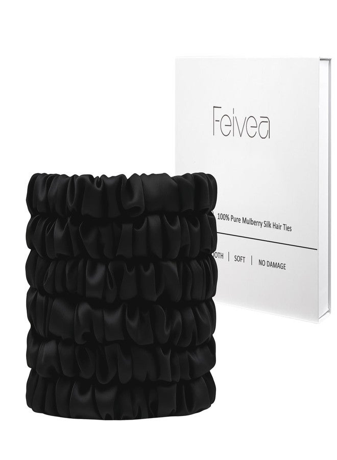 Feivea Silk Hair Ties 6Pcs, 22 Momme Pure 100% Mulberry Silk Scrunchies for Women, No Damage Silk Scrunchies for Hair, Black - Image 1